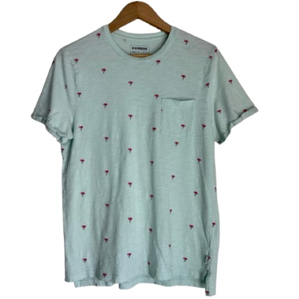 Express Mens Quality + Fit Mint Green Flamingo All Print Pocket T Shirt Size Med